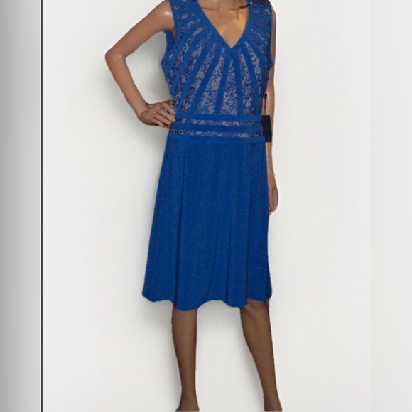 ADRIANNA PAPELL Dress Women 4 Blue Sheath V Neck Nude Lined Lace Shift 1995 - Picture 2 of 9